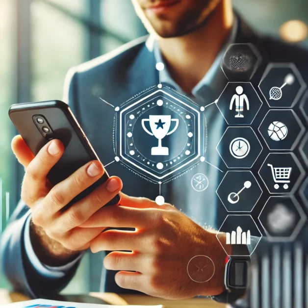 Liikunta-alan johtaja katsoo älypuhelimella saamaansa digitaalista osaamismerkkiä, kuva toteutettu DALL·E 3 -tekoälyllä.