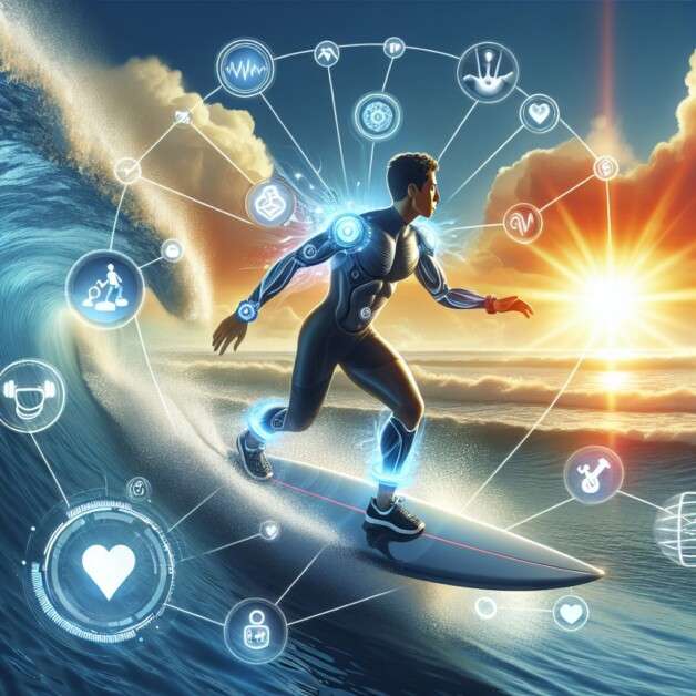 Kuvituskuva - Tulevaisuuden liikunta-alan ammattilainen käyttää teknologiaa ja surffaa muutoksen aallonharjalla, kuva toteutettu DALL·E 3 -tekoälyllä.