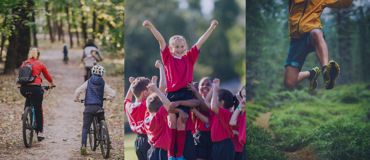 Kuvassa on vasemmalla pyöräilijöitä polulla. Kuvan keskellä on lapsiryhmä. Tyttö hymyilee kädet ojennettuna toisten lasten sylissä. Vasemmassa reunassa kuvaa on kuva henkilön jaloista, oka hyppää. Taustalla metsäinen maasto.